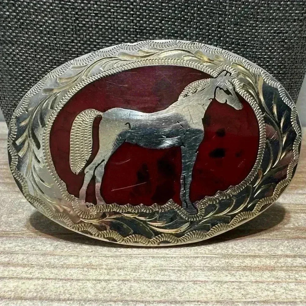 Vintage HORSE southwestern Blood Red Stone Inlay BELT BUCKLE Handmade Cowboy